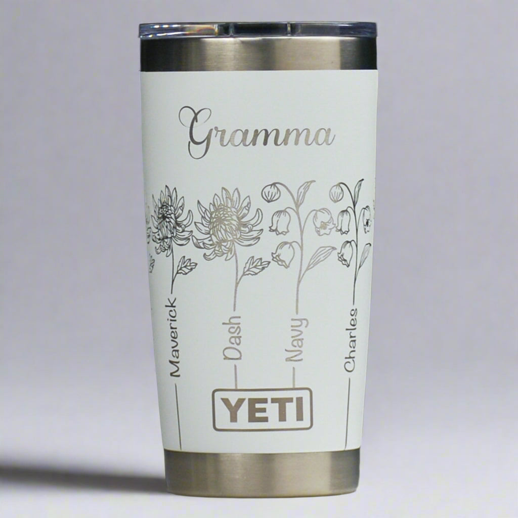 Birth Month Flowers - Nana, Grandma, Mom, Personalized Full Wrap Custom Engraved 20 oz Tumbler